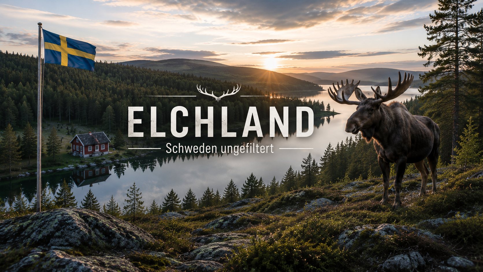 Elchland – Schweden ungefiltert: ein stiller See im Abendlicht, ein rotes Schwedenhaus, die schwedische Flagge und ein Elch auf einem Felsen